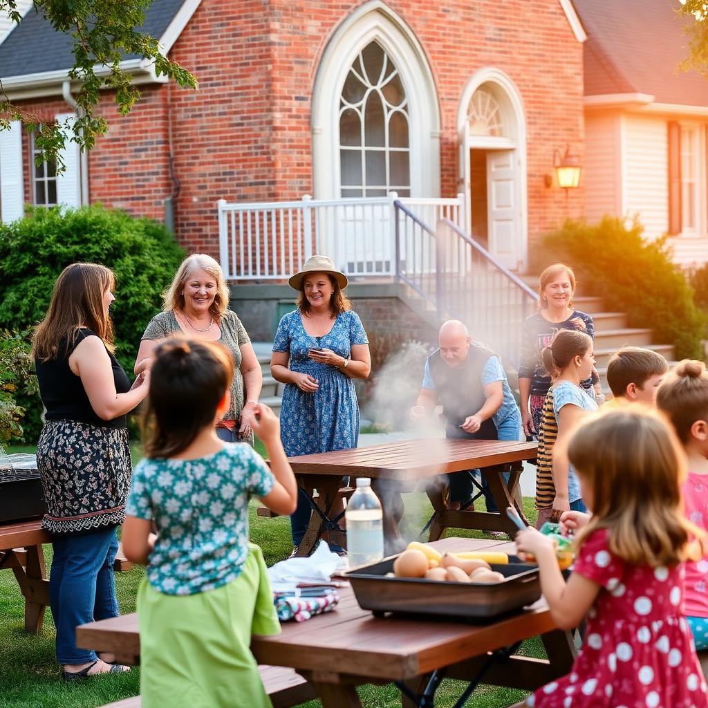 Moms and kids gathered for a community BBQ outside a church