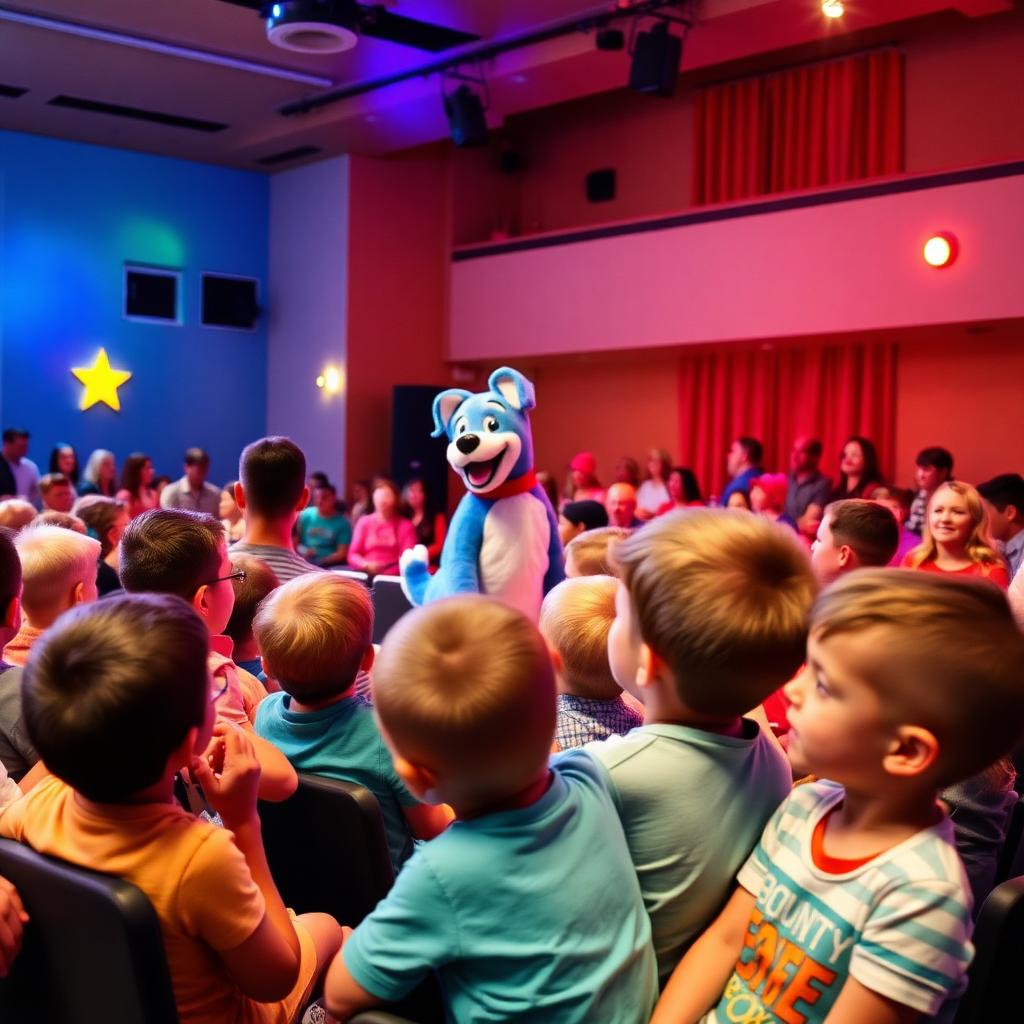 Children watching a cheerful blue heeler character at a live show
