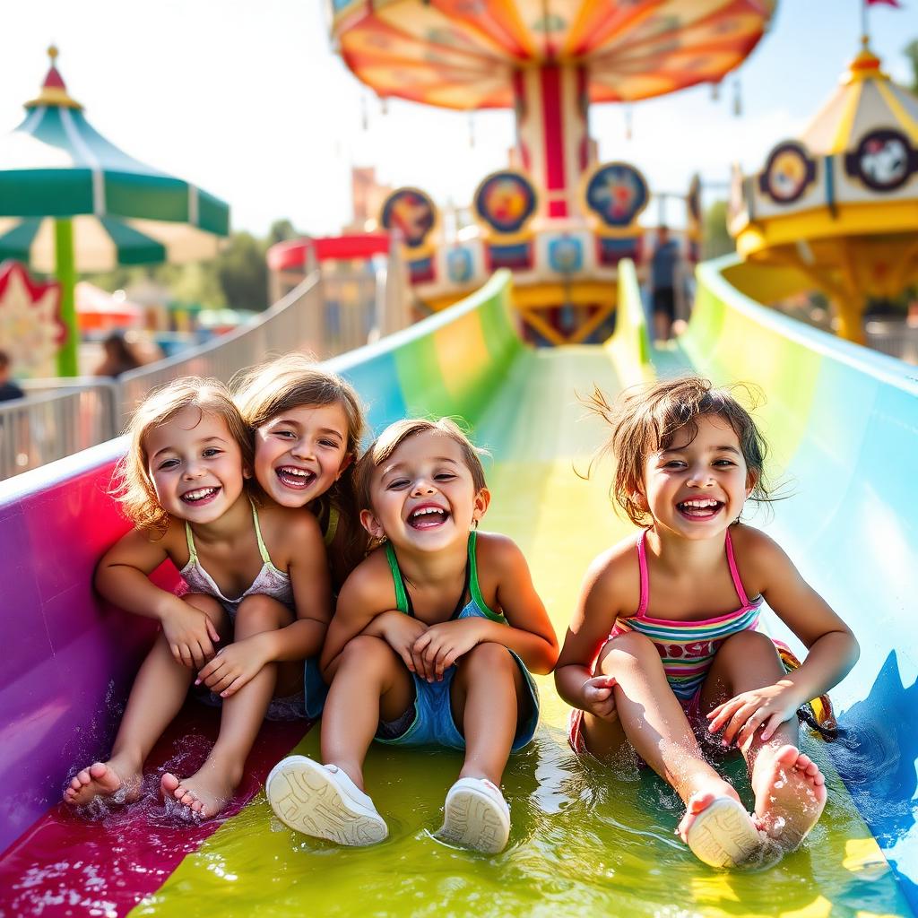 Kids enjoying a colorful water slide at an amusement park