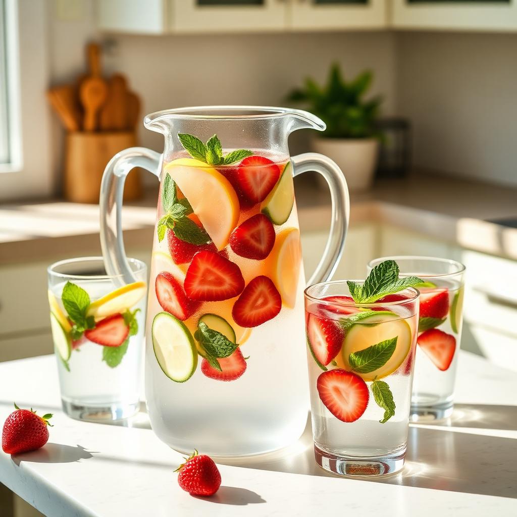 Glass pitcher and cups of fruit-infused water with strawberries, lemon, and mint