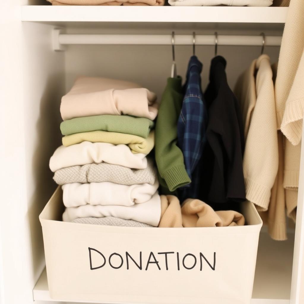 Neatly folded children's clothes in a donation box inside a bright closet