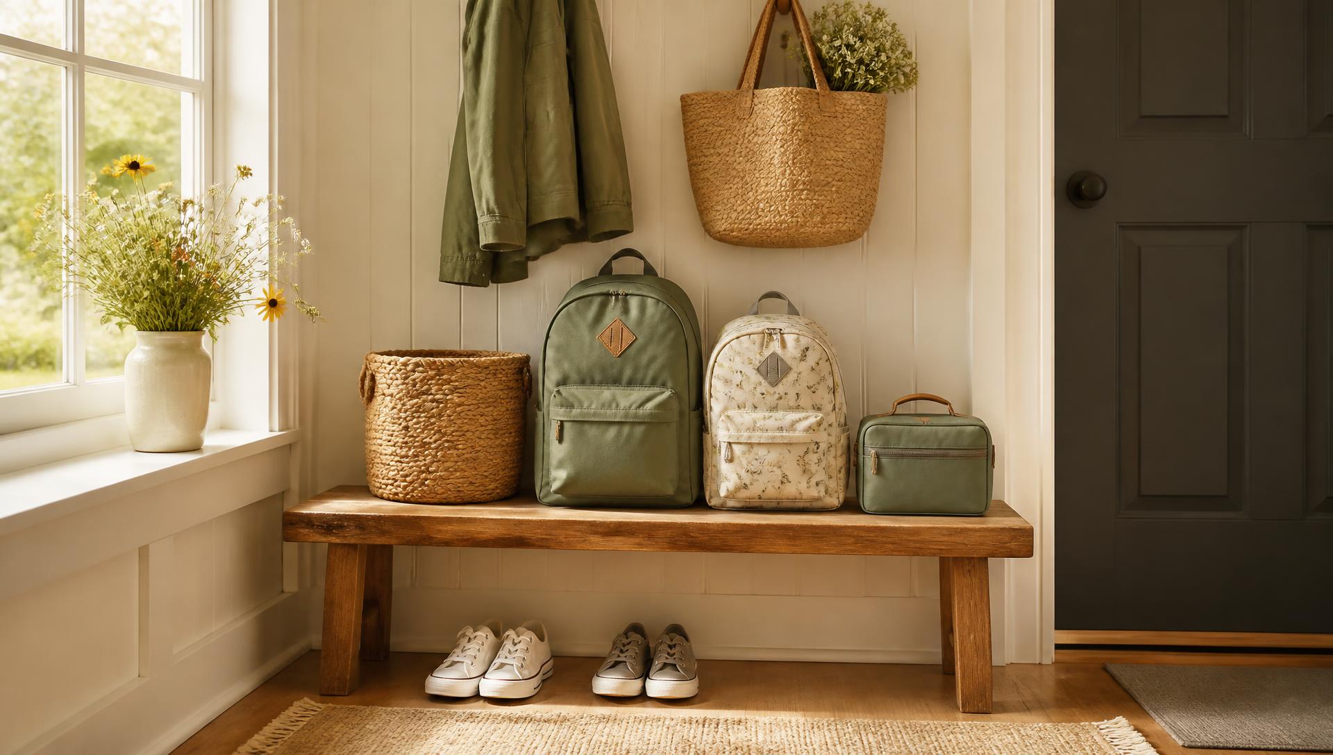 A warm Connecticut entryway with backpacks, sneakers, and a woven basket ready for back-to-school