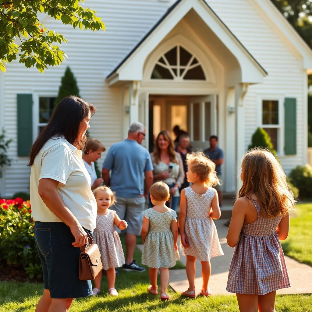 Families gathering outside a sunny community church