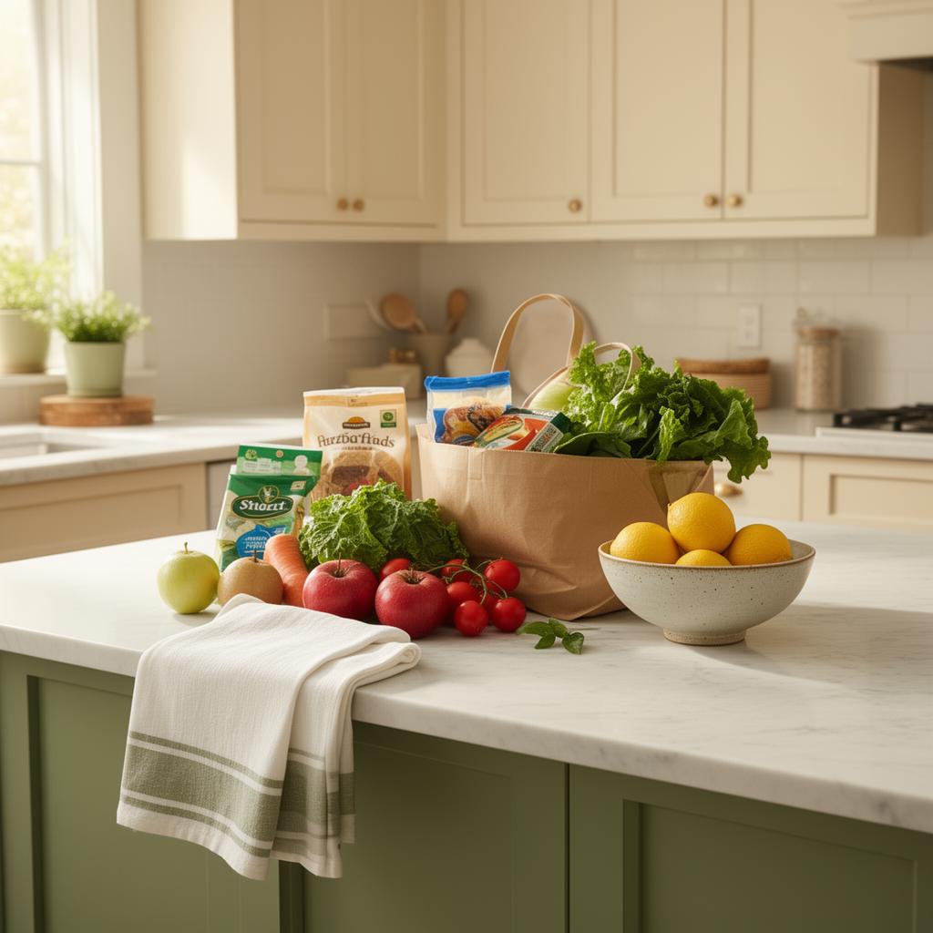 Fresh groceries unpacked onto a marble kitchen counter with sage cabinetry