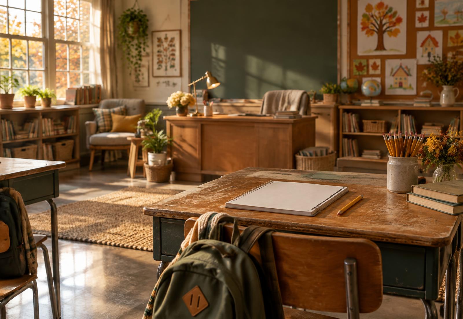 A warmly lit elementary classroom with a child's backpack, notebook, pencils, and autumn artwork