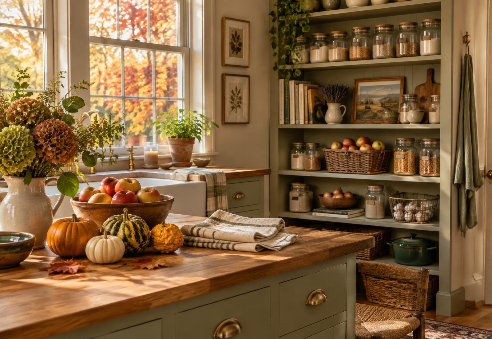 A warm October kitchen with pumpkins, apples, folded linens, and a neatly organized pantry