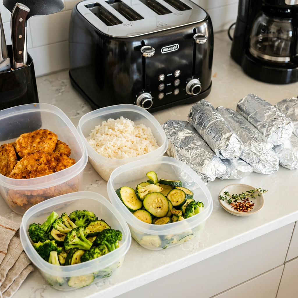 Home-cooked meal prep — chicken, rice, veggies and breakfast burritos