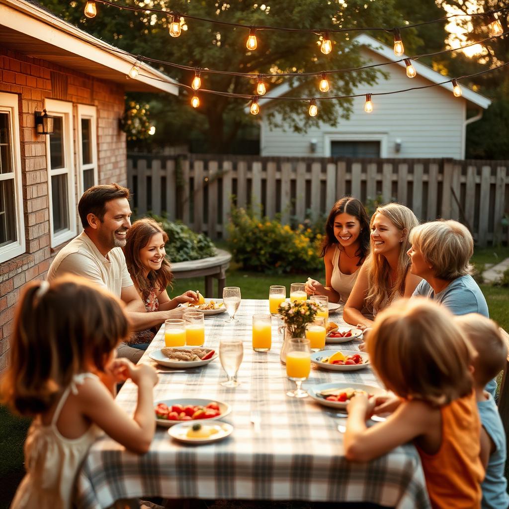 Friends and families gathered around a backyard table sharing a meal