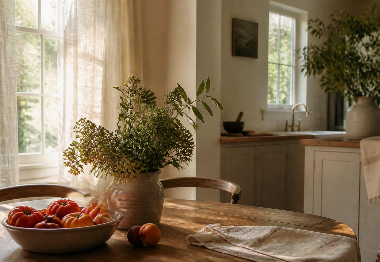 A sunlit late-summer kitchen table with tomatoes, peaches and fresh greenery